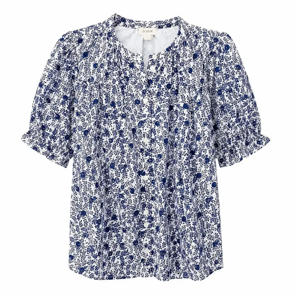 J.Crew Women Small Blue Floral Ruffle Blouse Puff Sleeve Button Front Cottagecor